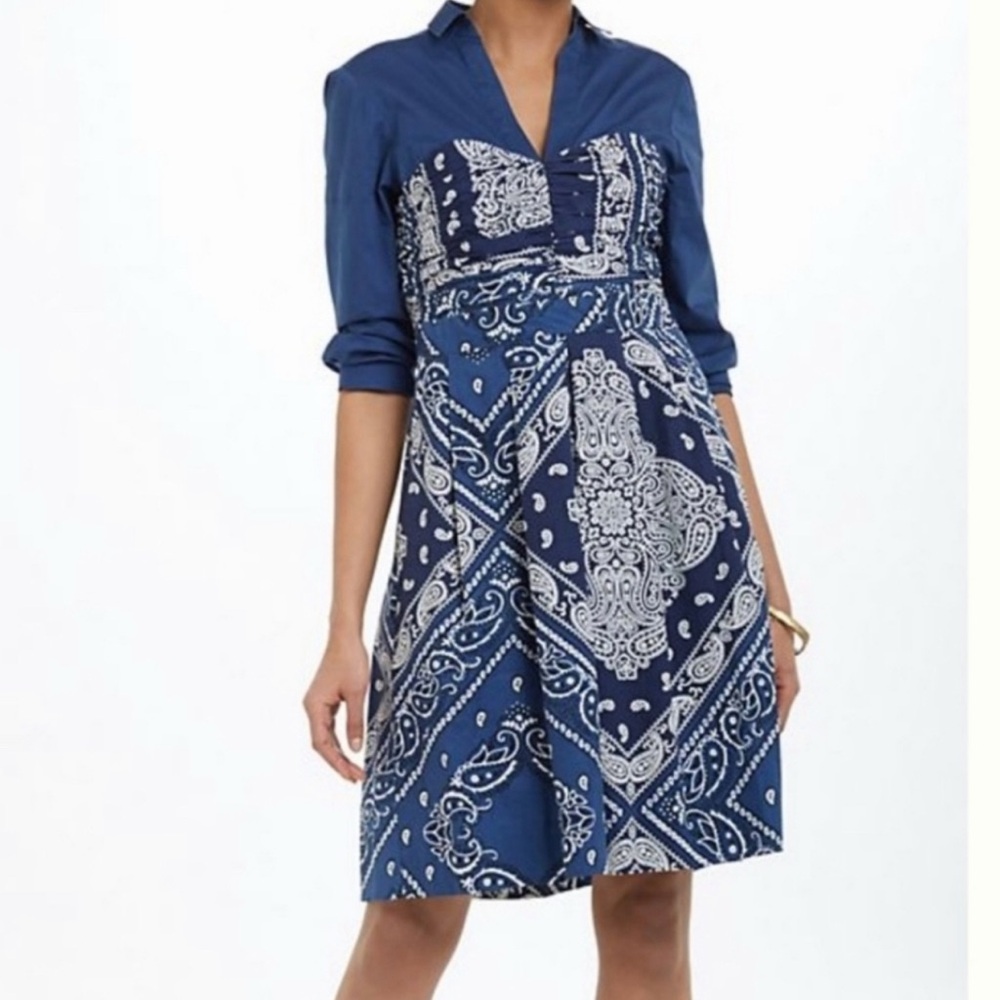 ANTHRO HOLDING HORSES NWT Blue and White Bandana Print Dress size 0